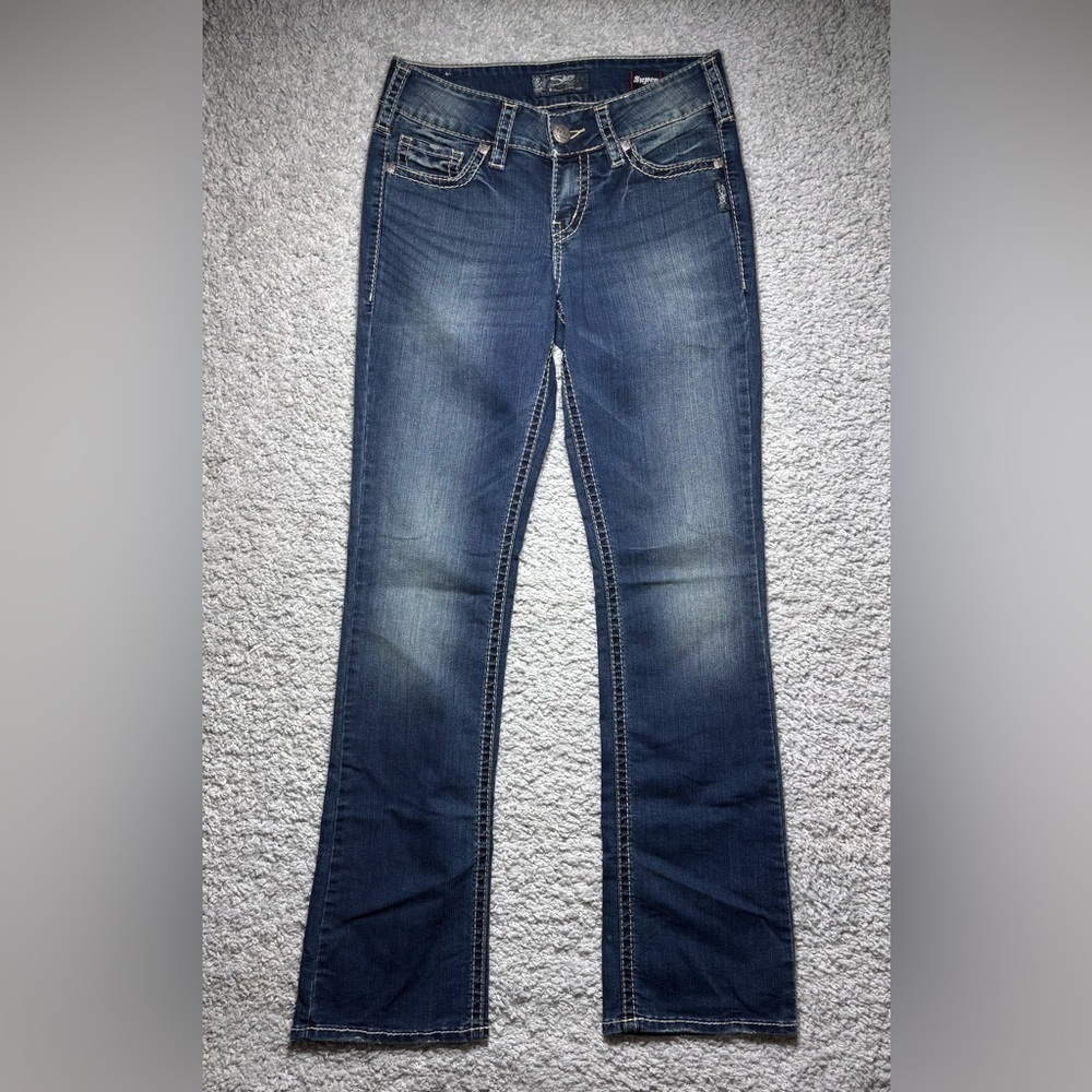 Silver Jeans Womens 28 Suki Super Stretch Slim Boot Cut Mid Rise Dark Big Stitch